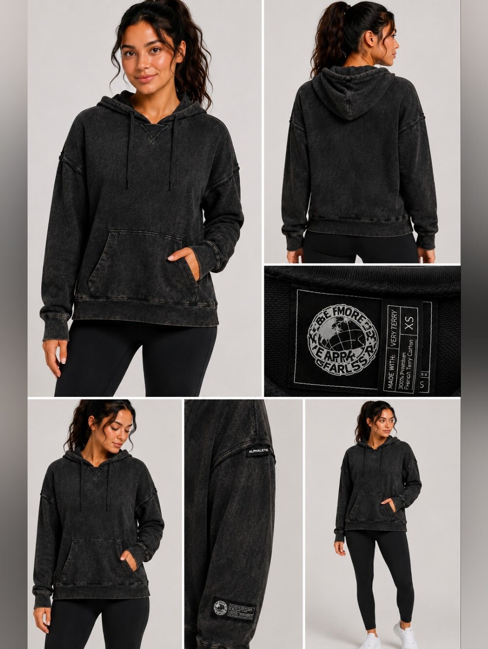 Alphalete Be More Hoodie – Women's XS – Washed Black/Acid Wash